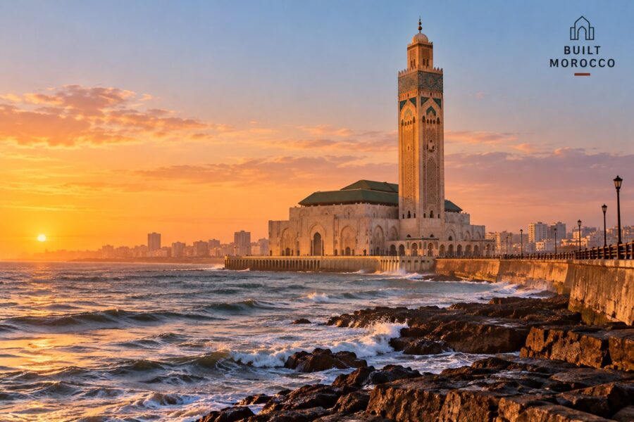 صورة مولَّدة: مسجد الحسن الثاني بالدار البيضاء على ضفة الأطلسي