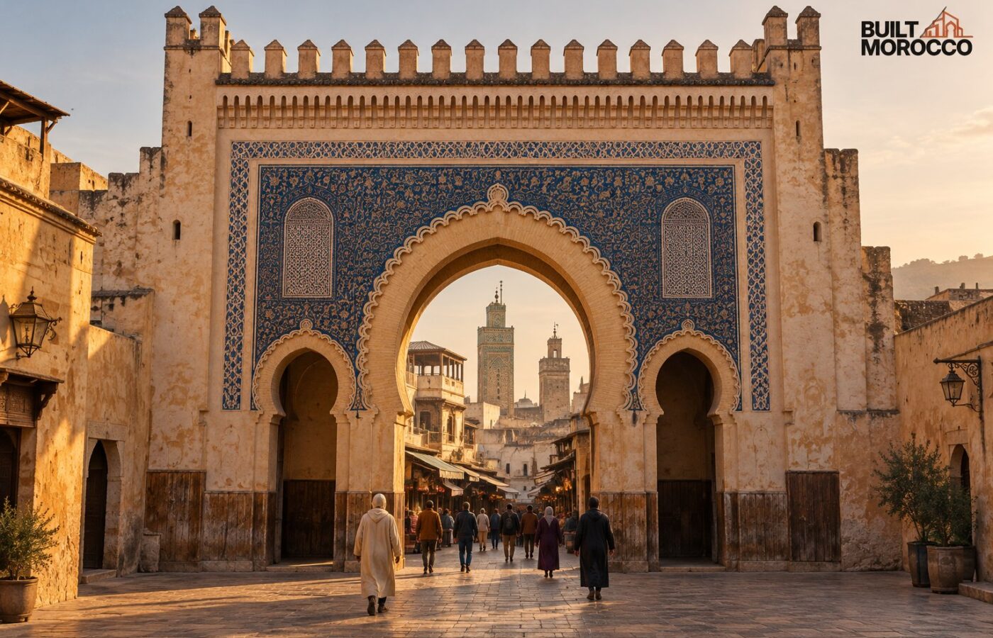 صورة مولَّدة: باب بوجلود بفاس، قوس حدوي وواجهة من الزليج الأزرق