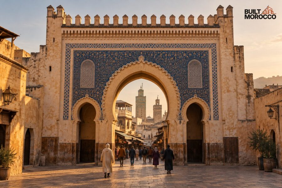 صورة مولَّدة: باب بوجلود بفاس، قوس حدوي وواجهة من الزليج الأزرق