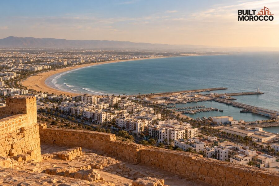 Generated image: the bay of Agadir seen from the kasbah, the rebuilt white city