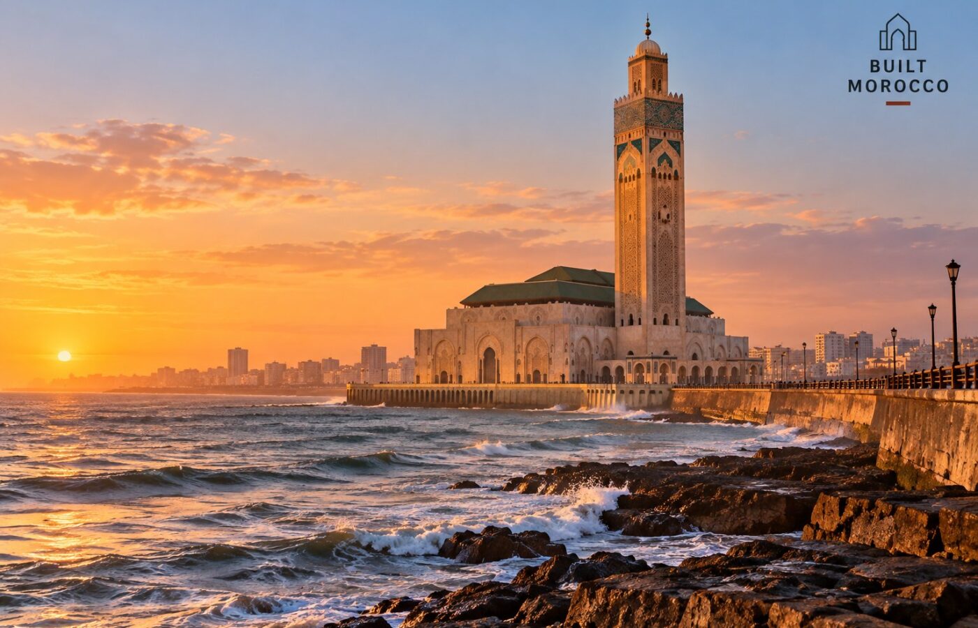 Generated image: the Hassan II Mosque in Casablanca on the Atlantic shore