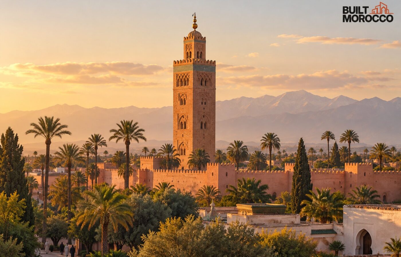 Generated image: the Koutoubia minaret and the ramparts of Marrakesh at sunset