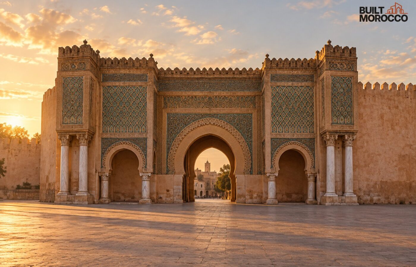 Generated image: the Bab Mansour gate in Meknes, green and blue zellige, marble columns