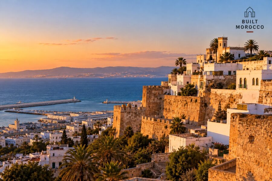 Generated image: the kasbah of Tangier above the strait, white houses and the bay