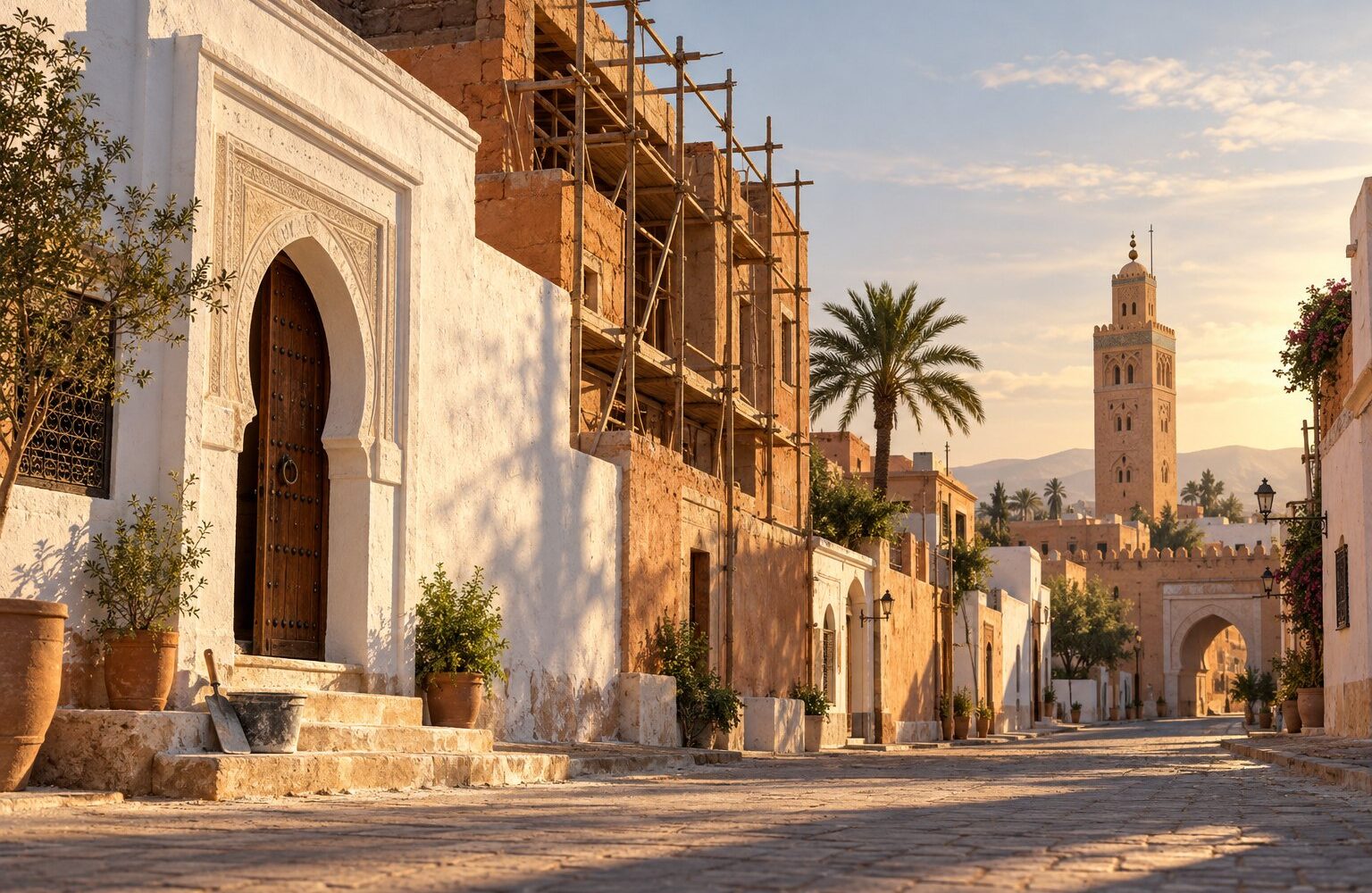 Generated image: a Moroccan street in late afternoon, whitewashed house with a horseshoe-arched door, building under renovation behind scaffolding, minaret, palm