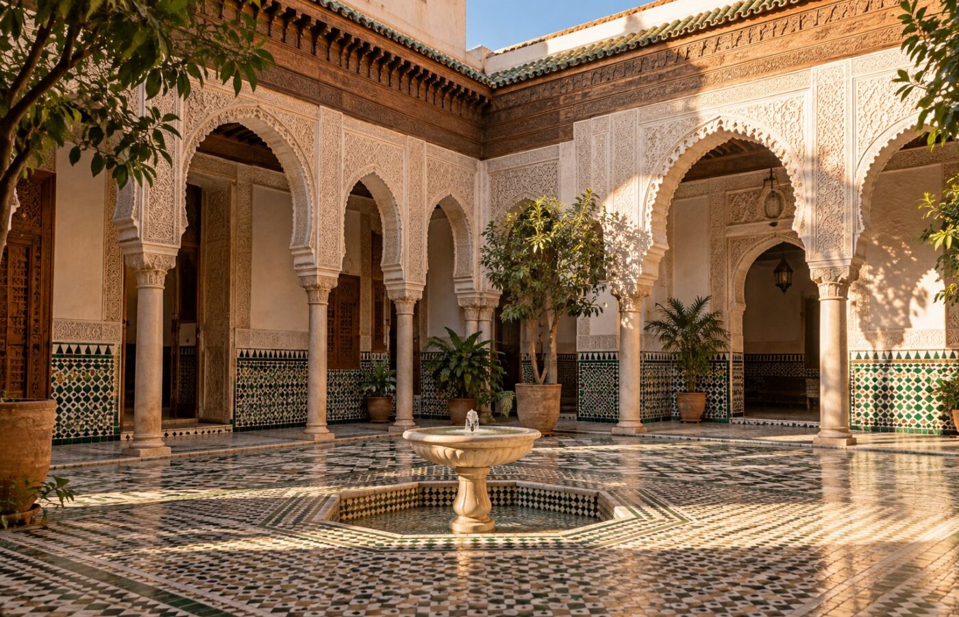 Generated image: the courtyard of a traditional Moroccan house, horseshoe arcades, zellige, carved stucco, fountain