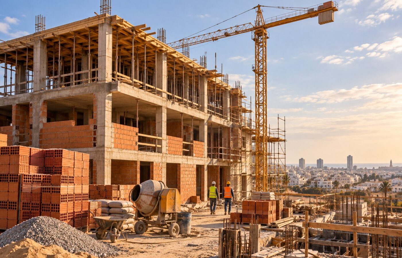 Generated image: a building under construction, concrete frame, red brick infill, tower crane