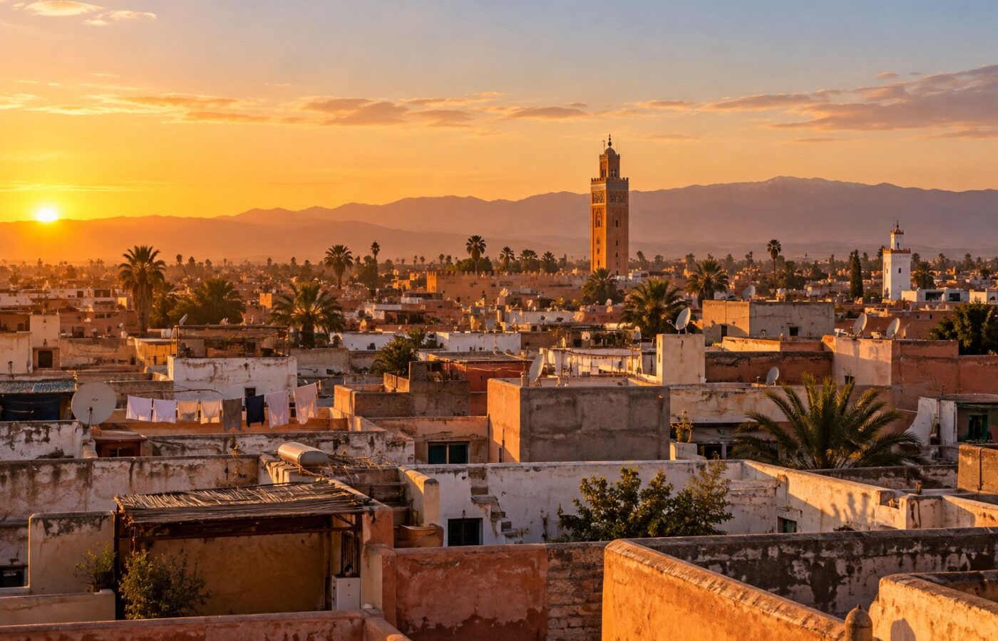 Generated image: the flat roofs of a medina at dusk, minaret, hills in the haze