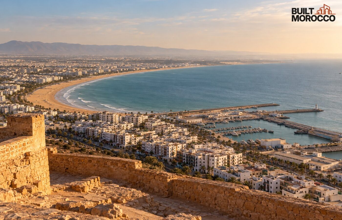 Image générée : la baie d'Agadir vue de la kasbah, la ville blanche reconstruite