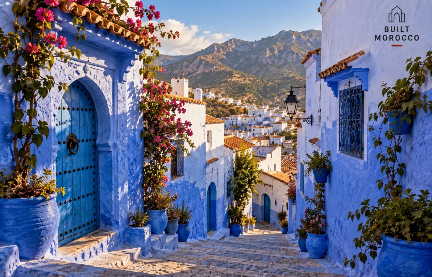 Image générée : une ruelle bleue de Chefchaouen, escaliers, le Rif derrière