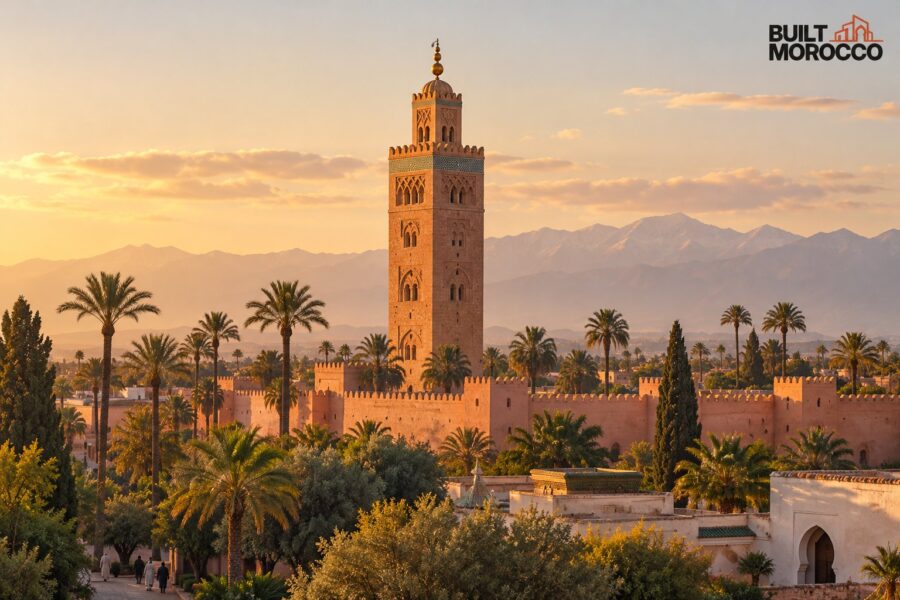 Image générée : le minaret de la Koutoubia et les remparts de Marrakech au soleil couchant