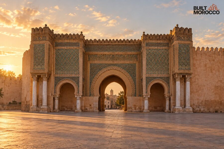 Image générée : la porte Bab Mansour à Meknès, zellige vert et bleu, colonnes de marbre