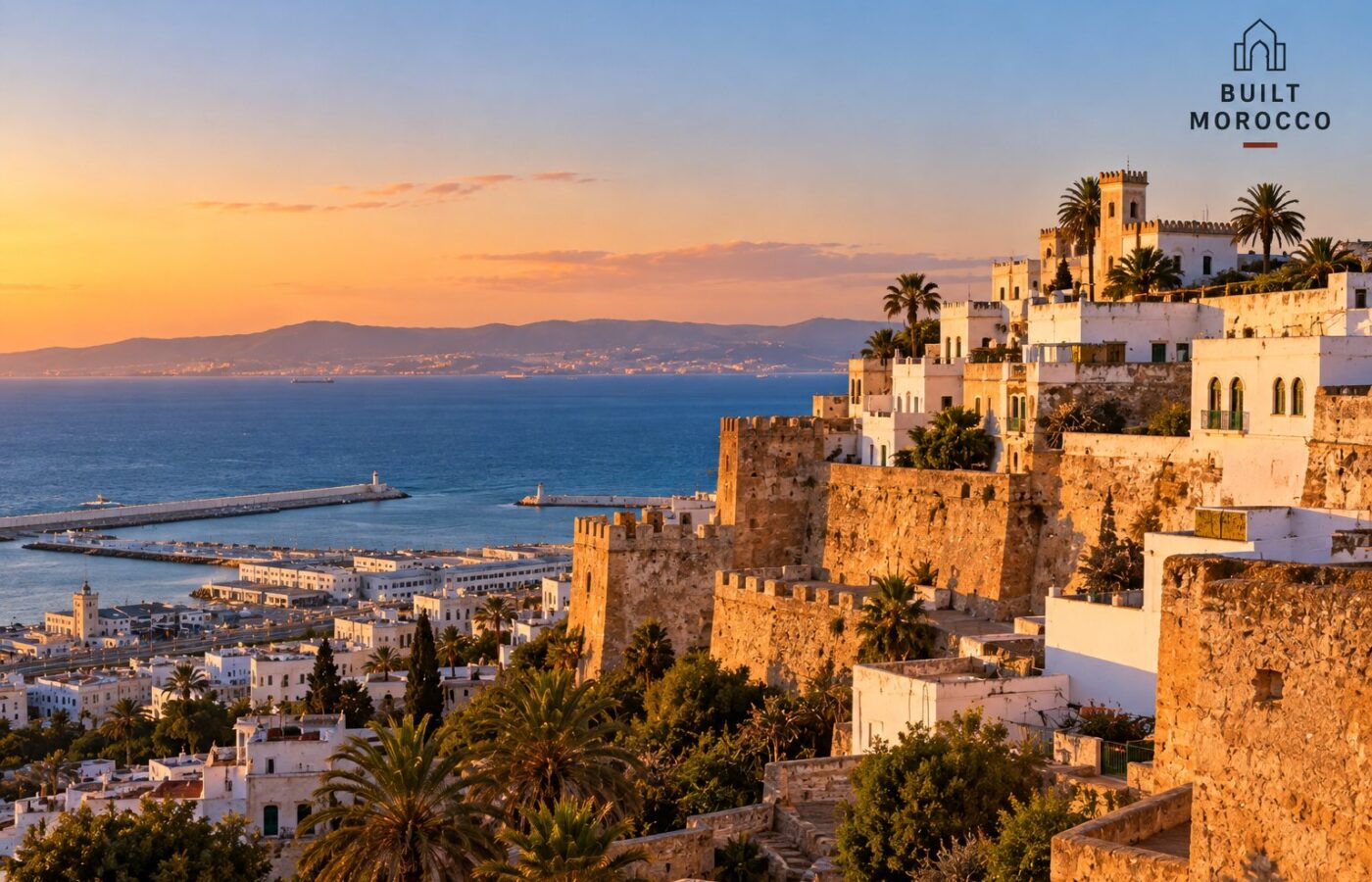 Image générée : la kasbah de Tanger au-dessus du détroit, maisons blanches et baie