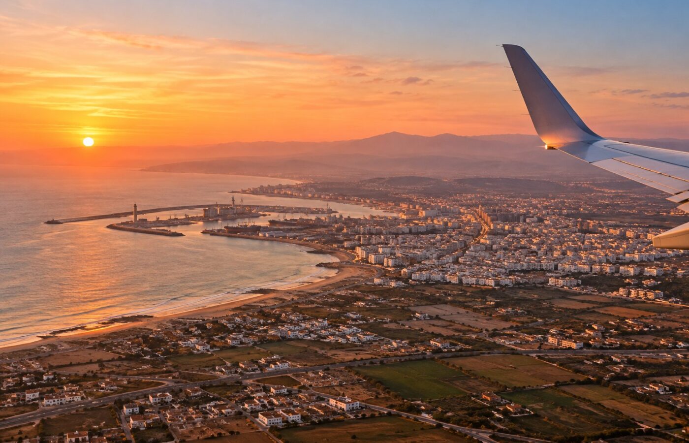 Image générée : la côte atlantique du Maroc vue d'un hublot d'avion à l'aube, ville blanche et port