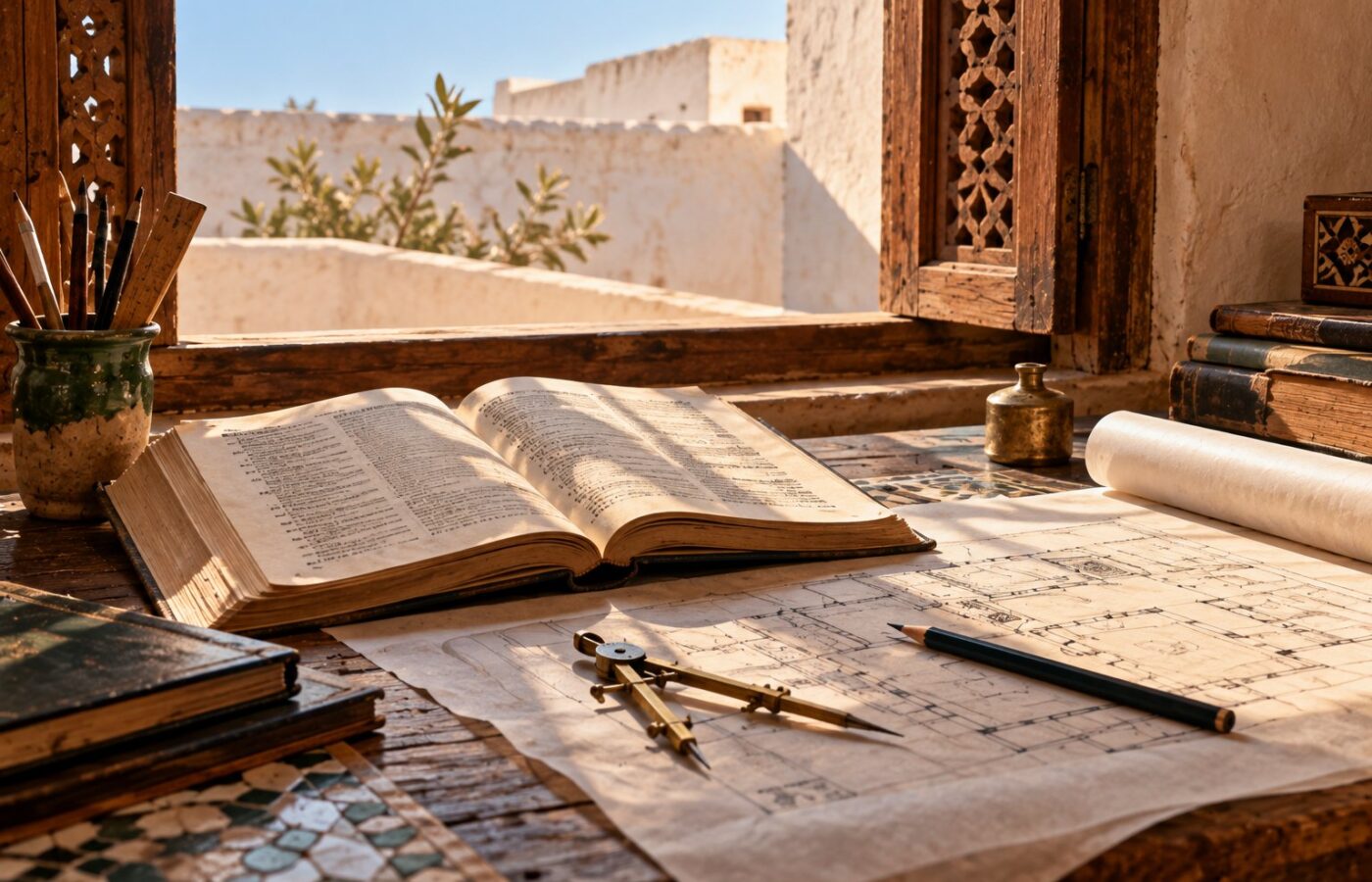 Image générée : un bureau d'architecte, dictionnaire technique ouvert, compas, calque avec un plan