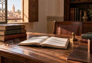Generated image: bound volumes of legal texts and reading glasses on a wooden desk, a window open on Marrakech.