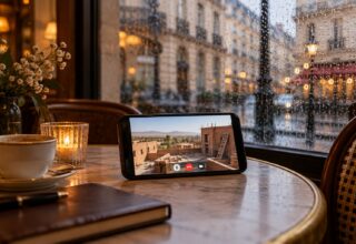 Generated image: a video call on a phone propped on a café table in Europe, a Moroccan building site on the screen, rain on the window.