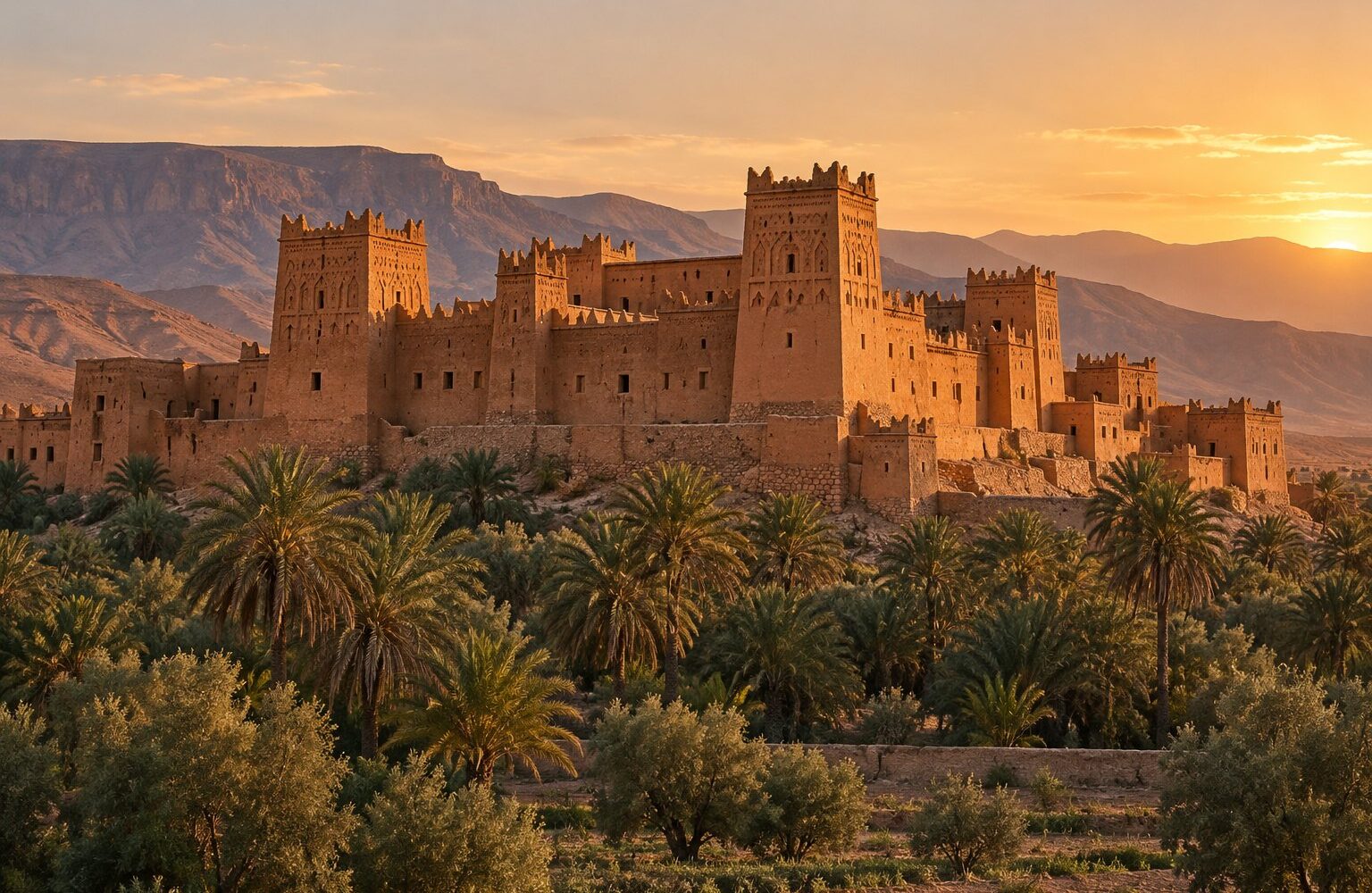 Image générée : kasbah en terre crue du Sud au coucher du soleil, tours d'angle à motifs incisés, palmeraie au pied.