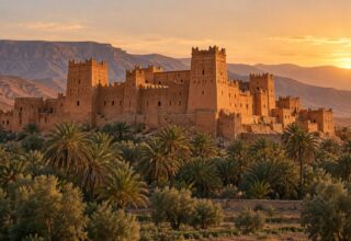 Image générée : kasbah en terre crue du Sud au coucher du soleil, tours d'angle à motifs incisés, palmeraie au pied.