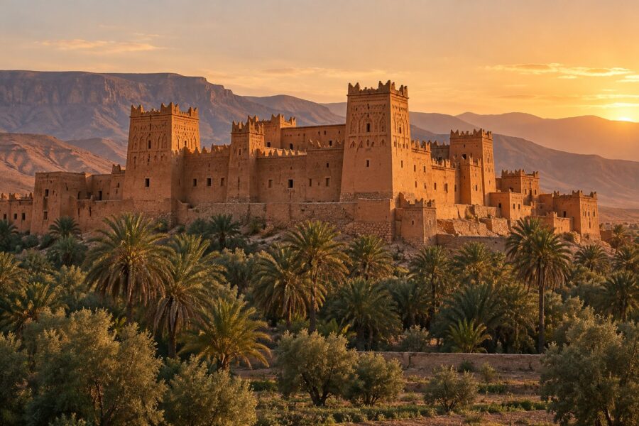 Image générée : kasbah en terre crue du Sud au coucher du soleil, tours d'angle à motifs incisés, palmeraie au pied.