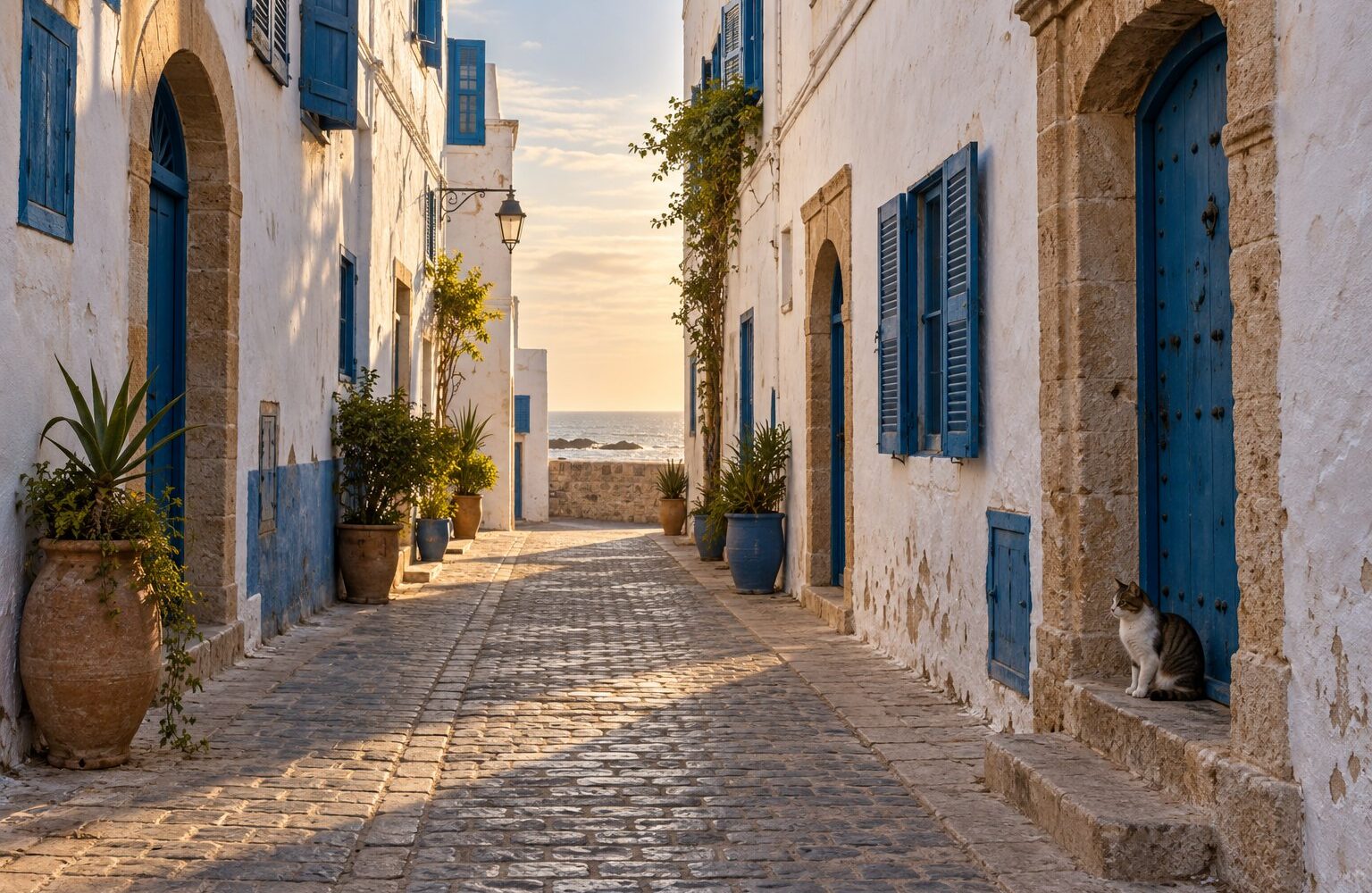 Image générée : rue d'Essaouira aux murs blancs et volets bleus, un chat sur un seuil, l'océan au bout.