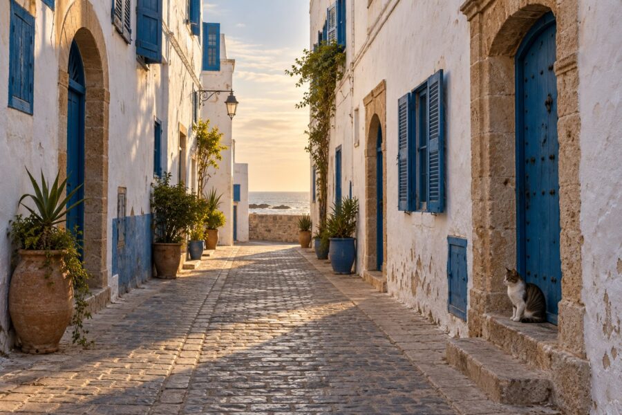 Image générée : rue d'Essaouira aux murs blancs et volets bleus, un chat sur un seuil, l'océan au bout.