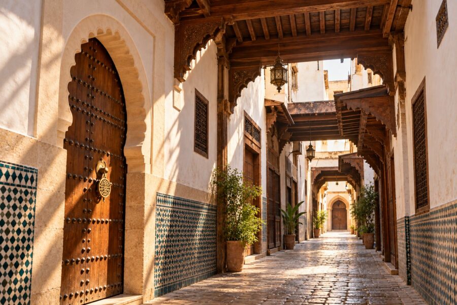 صورة مولَّدة: زقاق مسقوف في مدينة فاس العتيقة، وعوارض من الأرز، وجدران مبيّضة، وباب بقوس حدوي ومطرقة نحاسية.