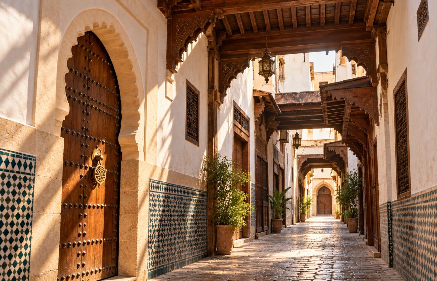 Image générée : ruelle couverte de la médina de Fès, poutres de cèdre, murs blanchis, porte à arc outrepassé et heurtoir de laiton.