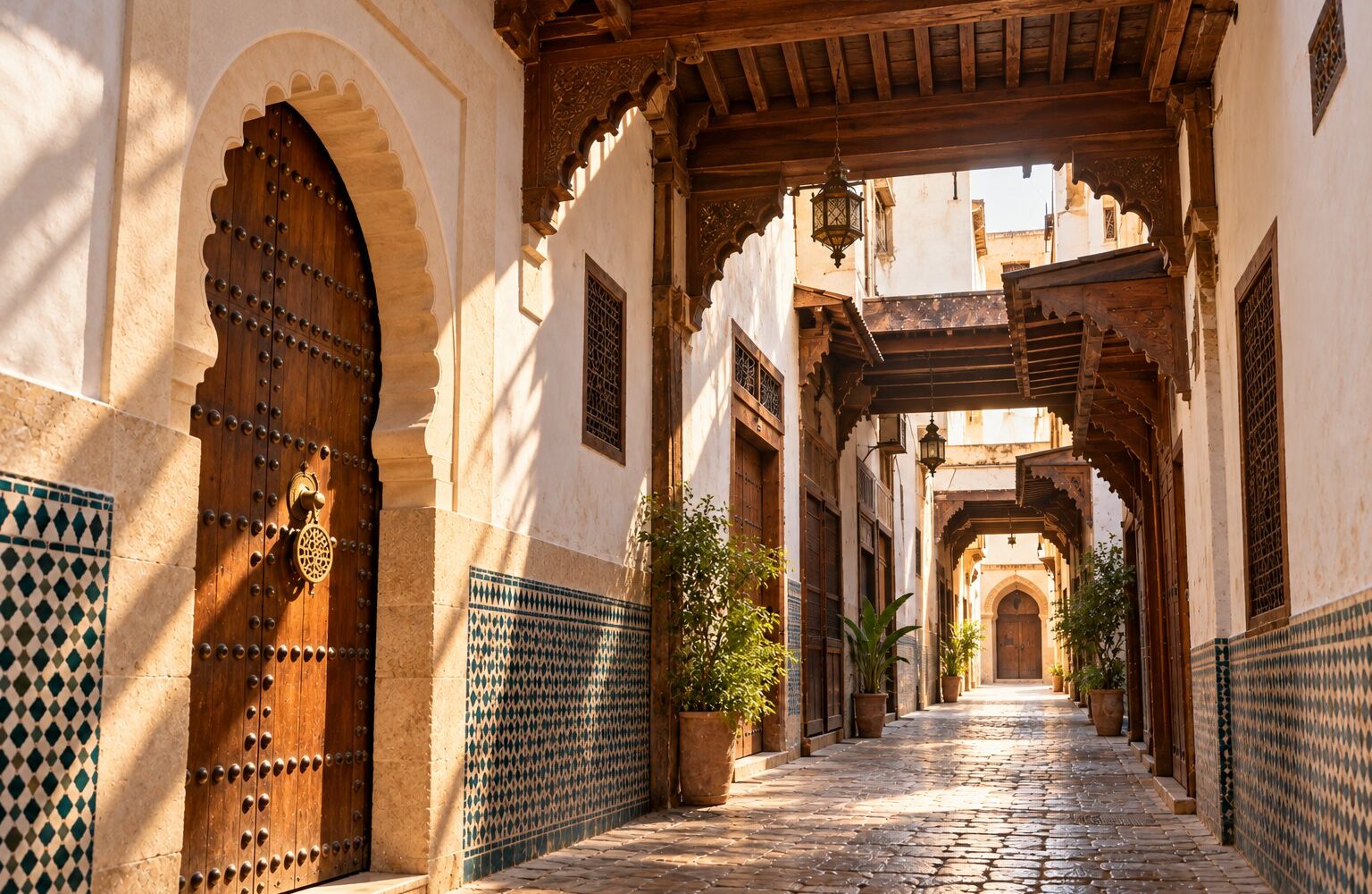 Image générée : ruelle couverte de la médina de Fès, poutres de cèdre, murs blanchis, porte à arc outrepassé et heurtoir de laiton.