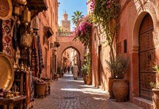 Generated image: a lane in the Marrakech medina with pink walls, an arched passage, stalls and figures from behind.