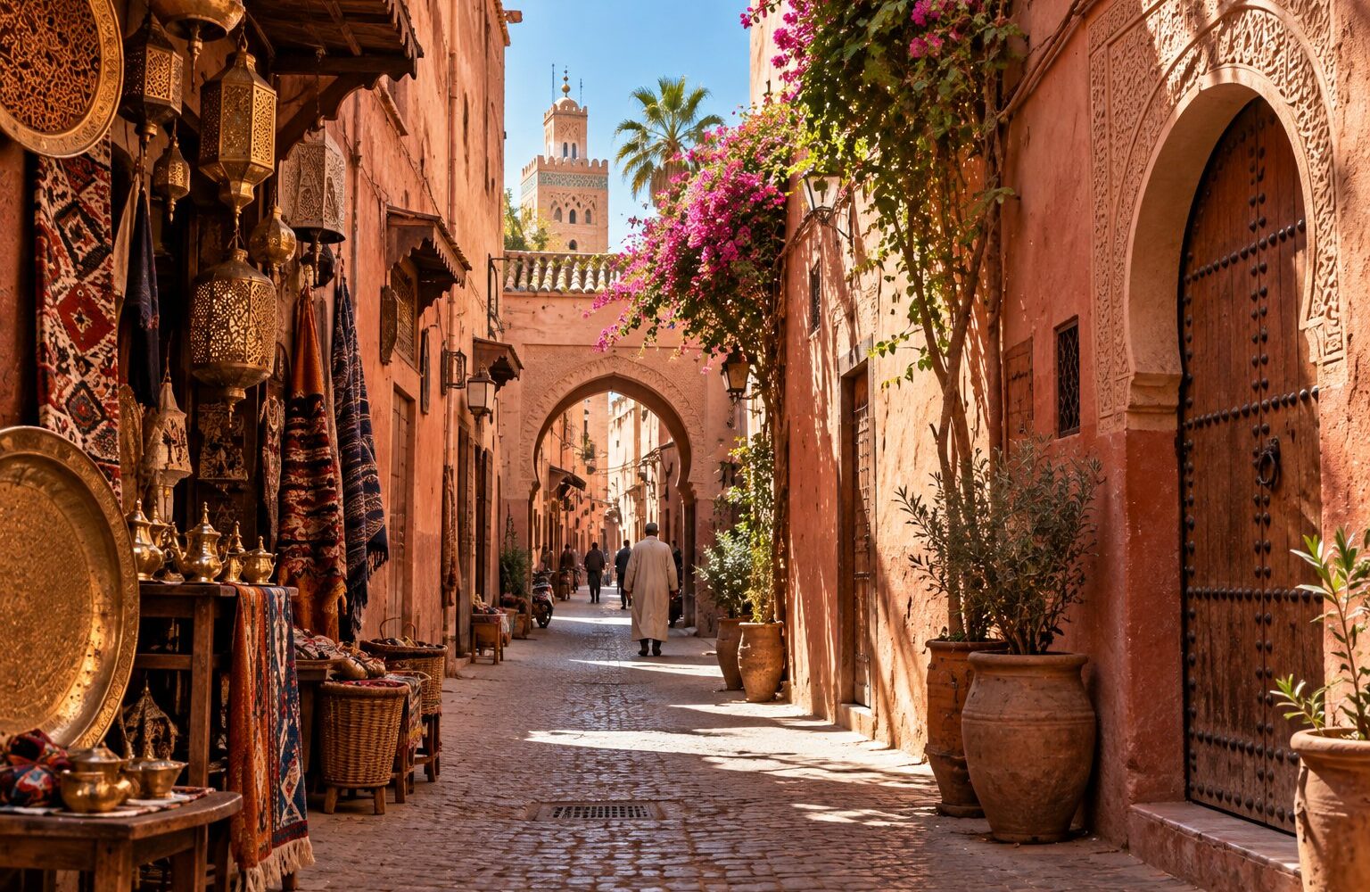 Image générée : ruelle de la médina de Marrakech aux murs roses, passage sous arc, étals et silhouettes de dos.