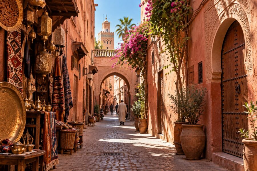 Image générée : ruelle de la médina de Marrakech aux murs roses, passage sous arc, étals et silhouettes de dos.