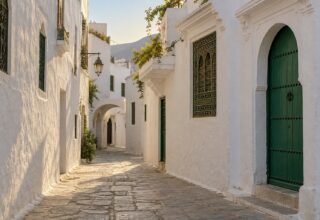 صورة مولَّدة: زقاق أبيض في مدينة تطوان العتيقة، وباب أخضر، وشبّاك مزخرف، والجبل في الخلفية.