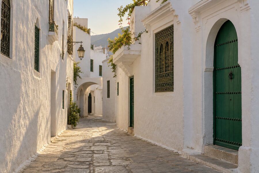 Generated image: a white lane in the Tétouan medina, a green door, a wrought window grille, the mountain beyond.