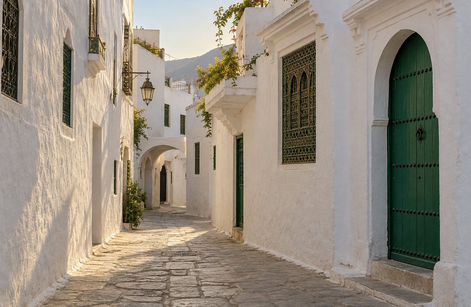 Image générée : ruelle blanche de la médina de Tétouan, porte verte, grille de fenêtre ouvragée, montagne au fond.