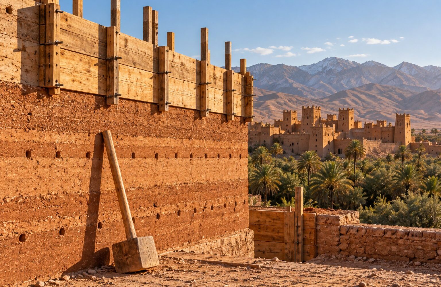 Image générée : mur en pisé en cours de construction, banches de bois sur la dernière levée, dame en bois appuyée contre le mur.