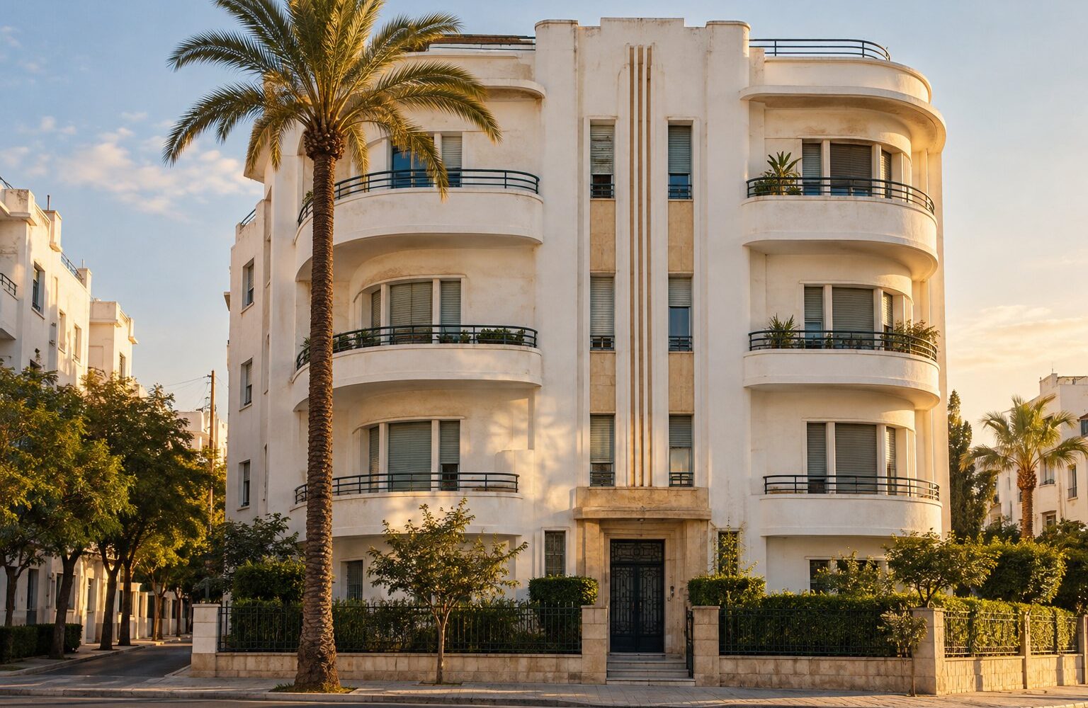 صورة مولَّدة: عمارة بطراز الآرت ديكو في وسط الرباط، بواجهة بيضاء وشرفات مستديرة، ونخلة أمامها.