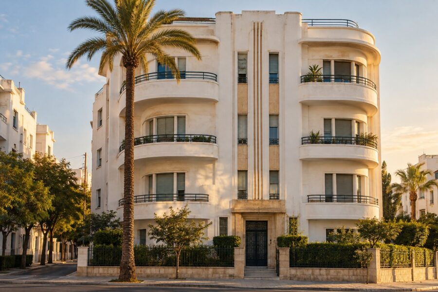 صورة مولَّدة: عمارة بطراز الآرت ديكو في وسط الرباط، بواجهة بيضاء وشرفات مستديرة، ونخلة أمامها.