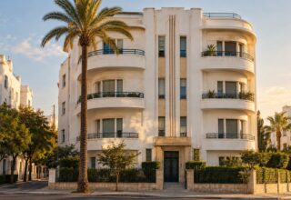 Image générée : immeuble Art déco du centre de Rabat, façade blanche à balcons arrondis, palmier devant.