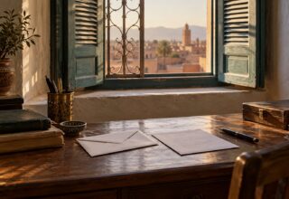 صورة مولَّدة: ظرف مغلق ورسالة مقلوبة على مكتب، وقلم، ومصاريع نصف مفتوحة.