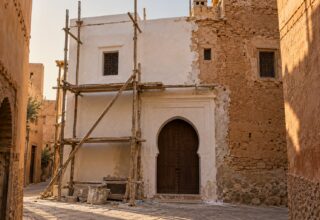 Generated image: a medina façade half under timber scaffolding, fresh lime plaster on one side, the old earth wall on the other.