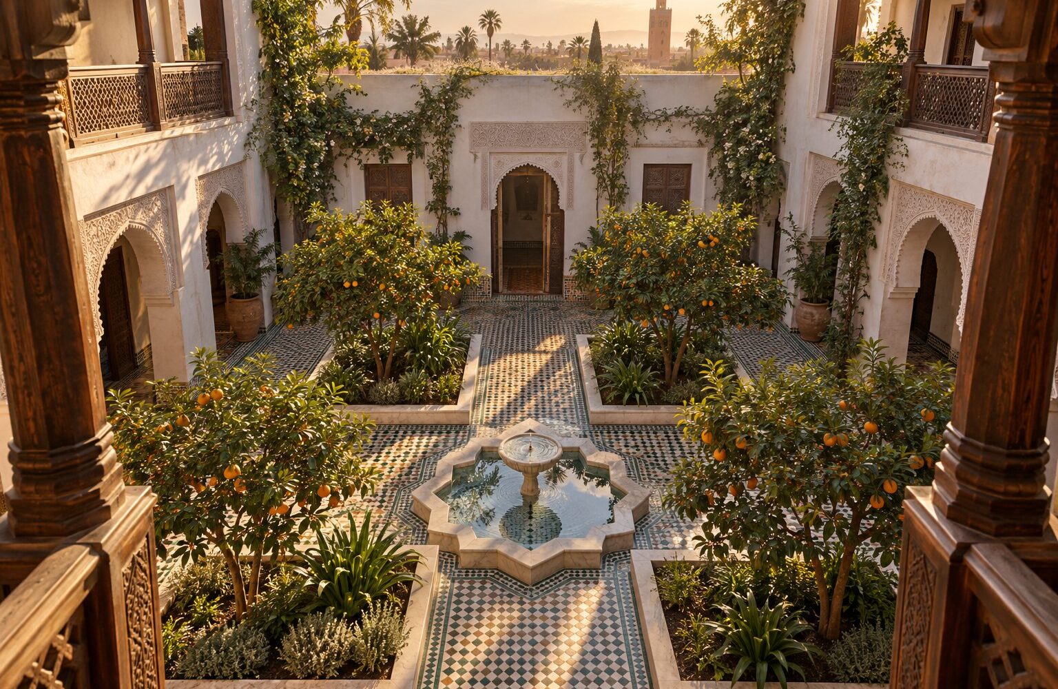 Image générée : patio d'un riad vu depuis la galerie, quatre carrés d'orangers autour d'une fontaine, sol en zellige.