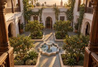 Image générée : patio d'un riad vu depuis la galerie, quatre carrés d'orangers autour d'une fontaine, sol en zellige.