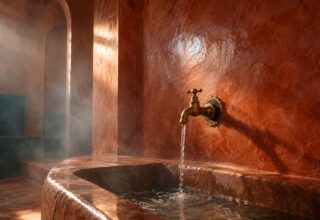 Generated image: a polished ochre-red tadelakt wall in a hammam, a brass tap, steam.