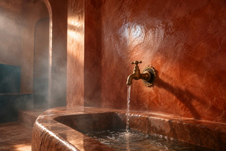 Generated image: a polished ochre-red tadelakt wall in a hammam, a brass tap, steam.