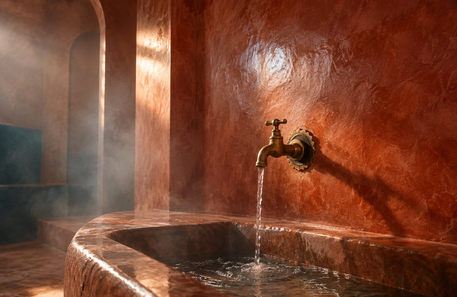 Image générée : mur de tadelakt ocre rouge poli dans un hammam, robinet en laiton, vapeur.