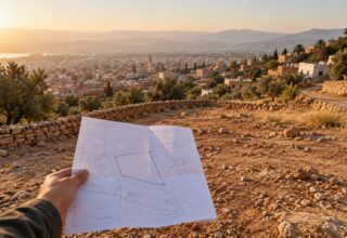 Generated image: a hand holding a folded survey plan in front of a sloping plot, a low stone wall and the town below.