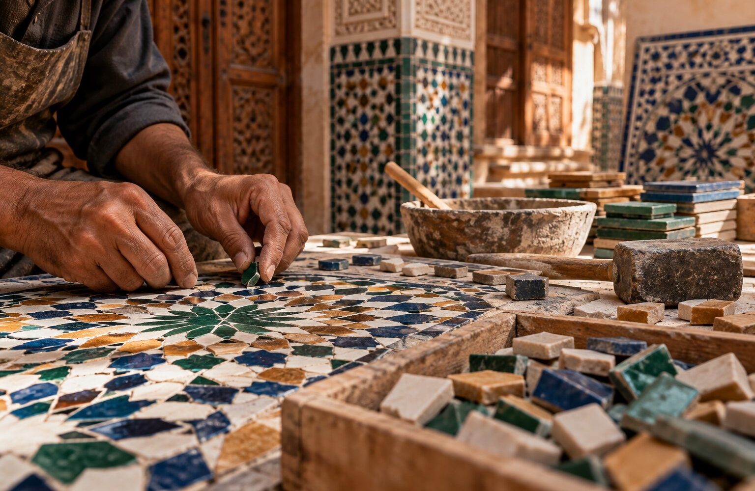 Image générée : mains d'un artisan assemblant des tesselles de zellige vert, bleu et ocre sur un établi à Fès.