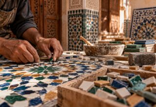 Image générée : mains d'un artisan assemblant des tesselles de zellige vert, bleu et ocre sur un établi à Fès.