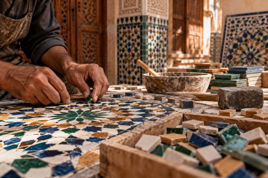 Image générée : mains d'un artisan assemblant des tesselles de zellige vert, bleu et ocre sur un établi à Fès.